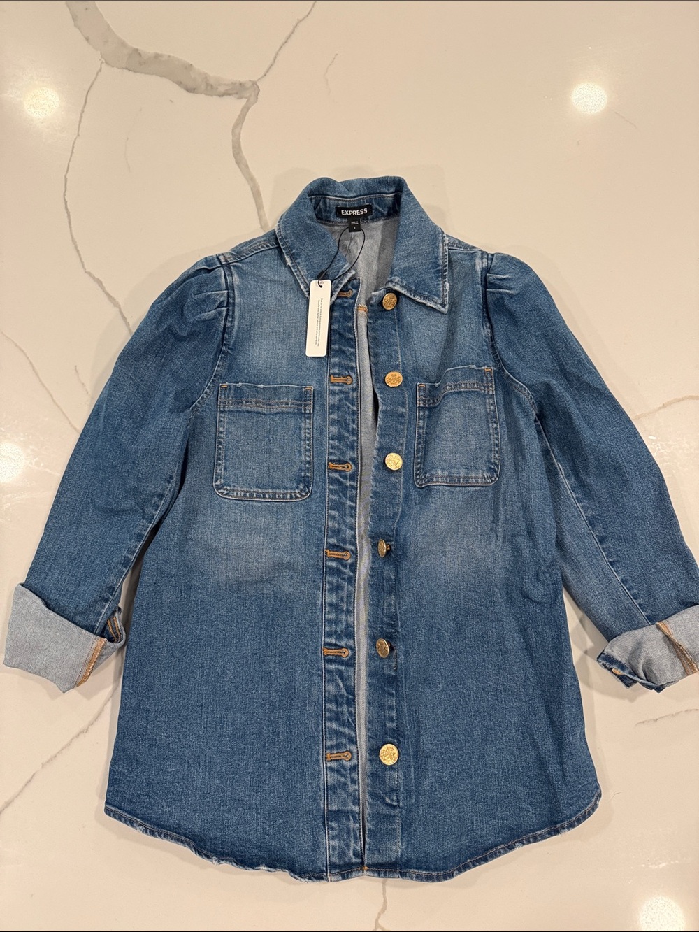 Express Denim Jacket in Medium Blue with Gold Buttons